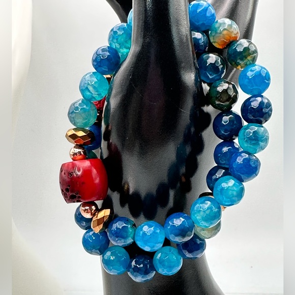 RED CORAL + DRAGON VEINS AGATE NATURAL STONES BRACELET size 7”,8” - Picture 5 of 13